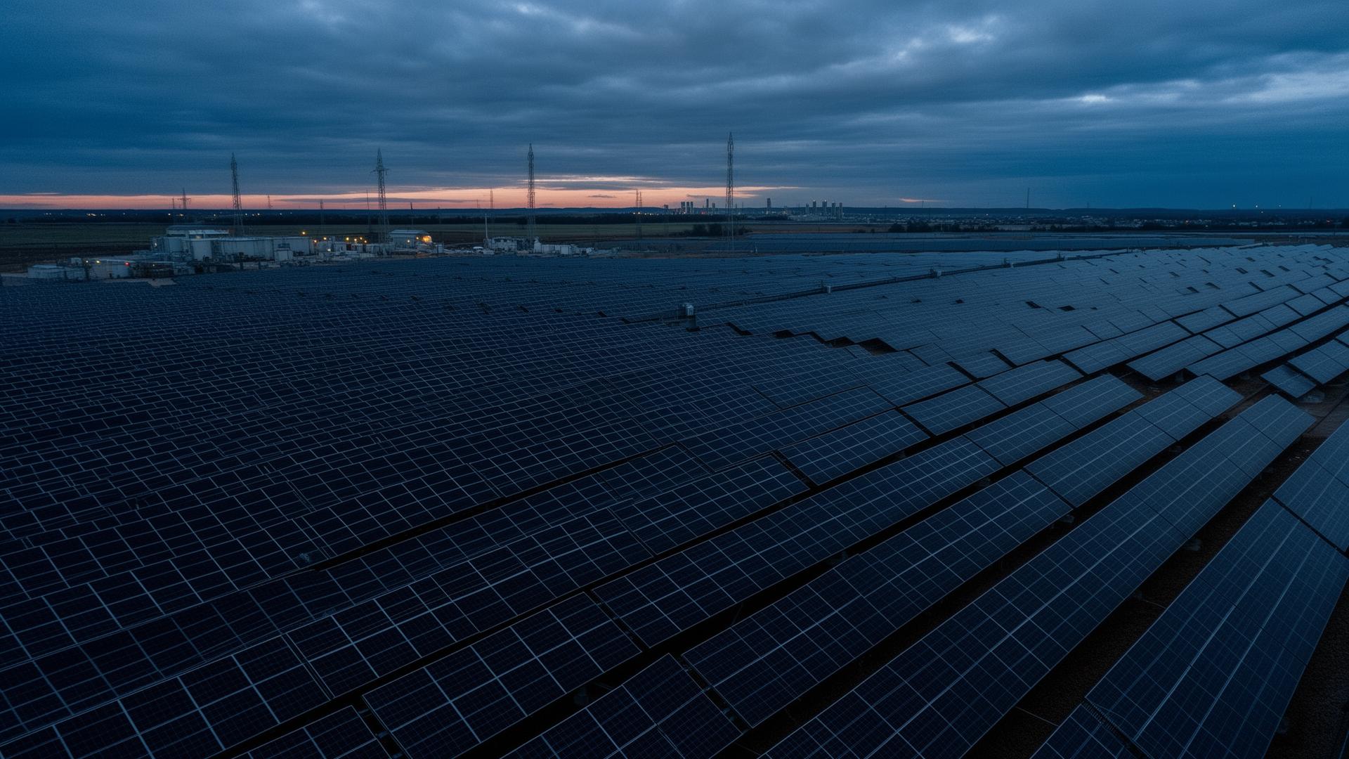 Utility-scale ground-mounted solar PV park at dusk
